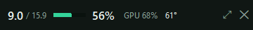 The one-line mini strip: 9.0 of 15.9 GB, 56 percent, GPU 68 percent, 61 degrees