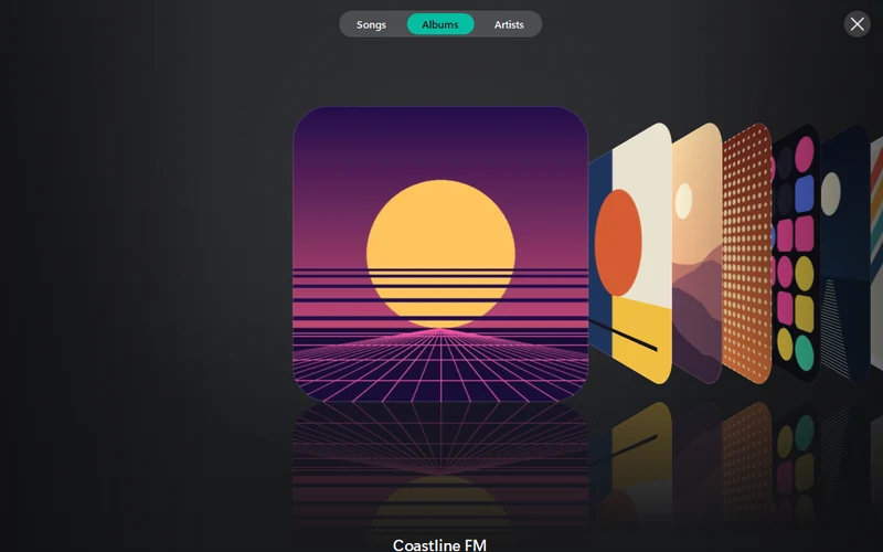 Cover Flow: album covers turning in a row, the middle one large with its title underneath
