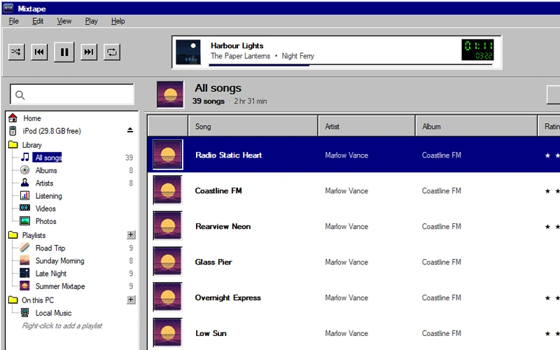 The same song list in the Windows 95 look: grey 3D panels, a tree of folders, navy selection and a status bar