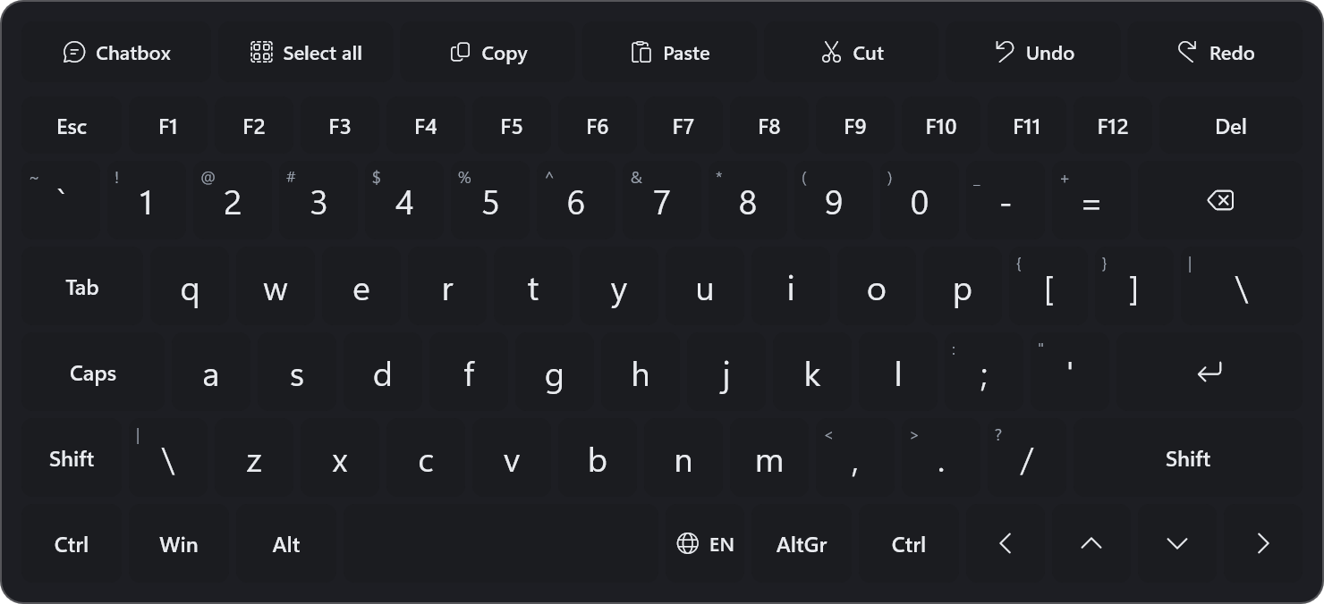 The VR keyboard with a shortcut bar and the chatbox key