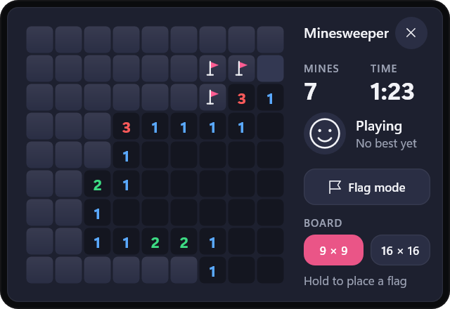 Minesweeper opened on the watch: the board, mines left, the time, flag mode and the board size
