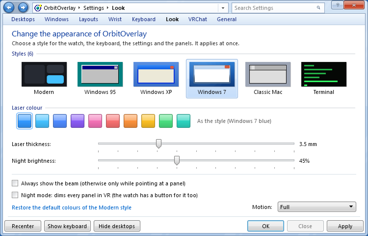 Settings › Look in the Windows 7 style, with Style and Motion
