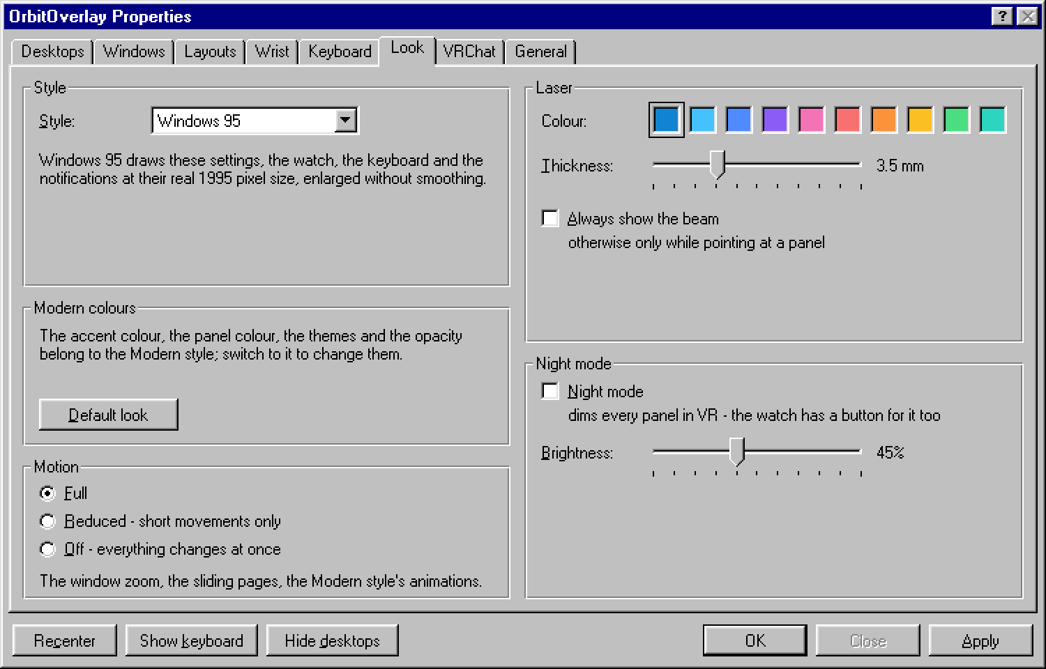 Settings › Look in the Windows 95 style, with Style and Motion