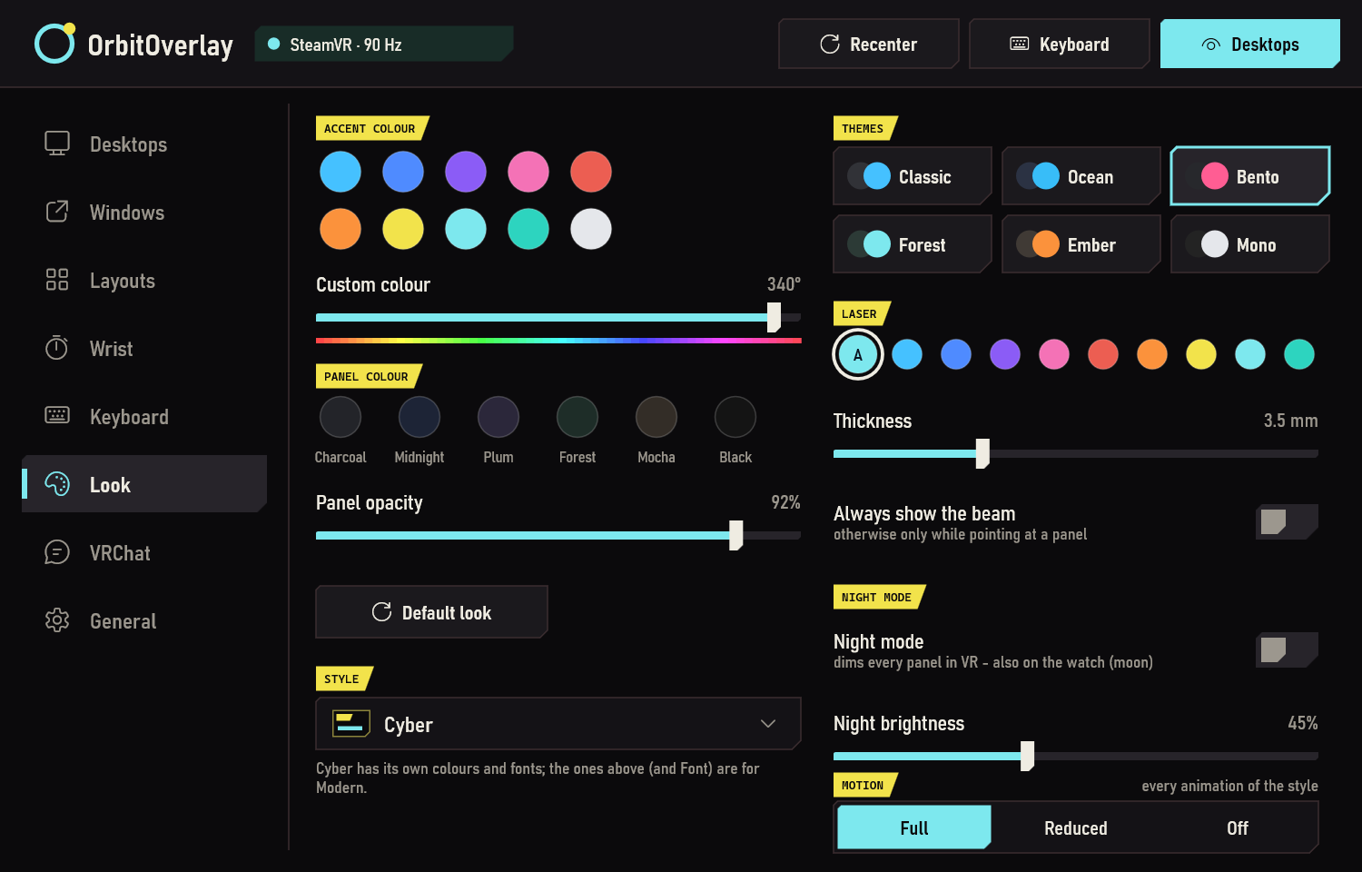Settings › Look in the Cyber style, with Style and Motion