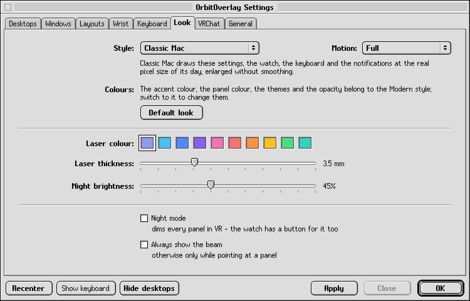 Settings › Look in the Classic Mac style, with Style and Motion