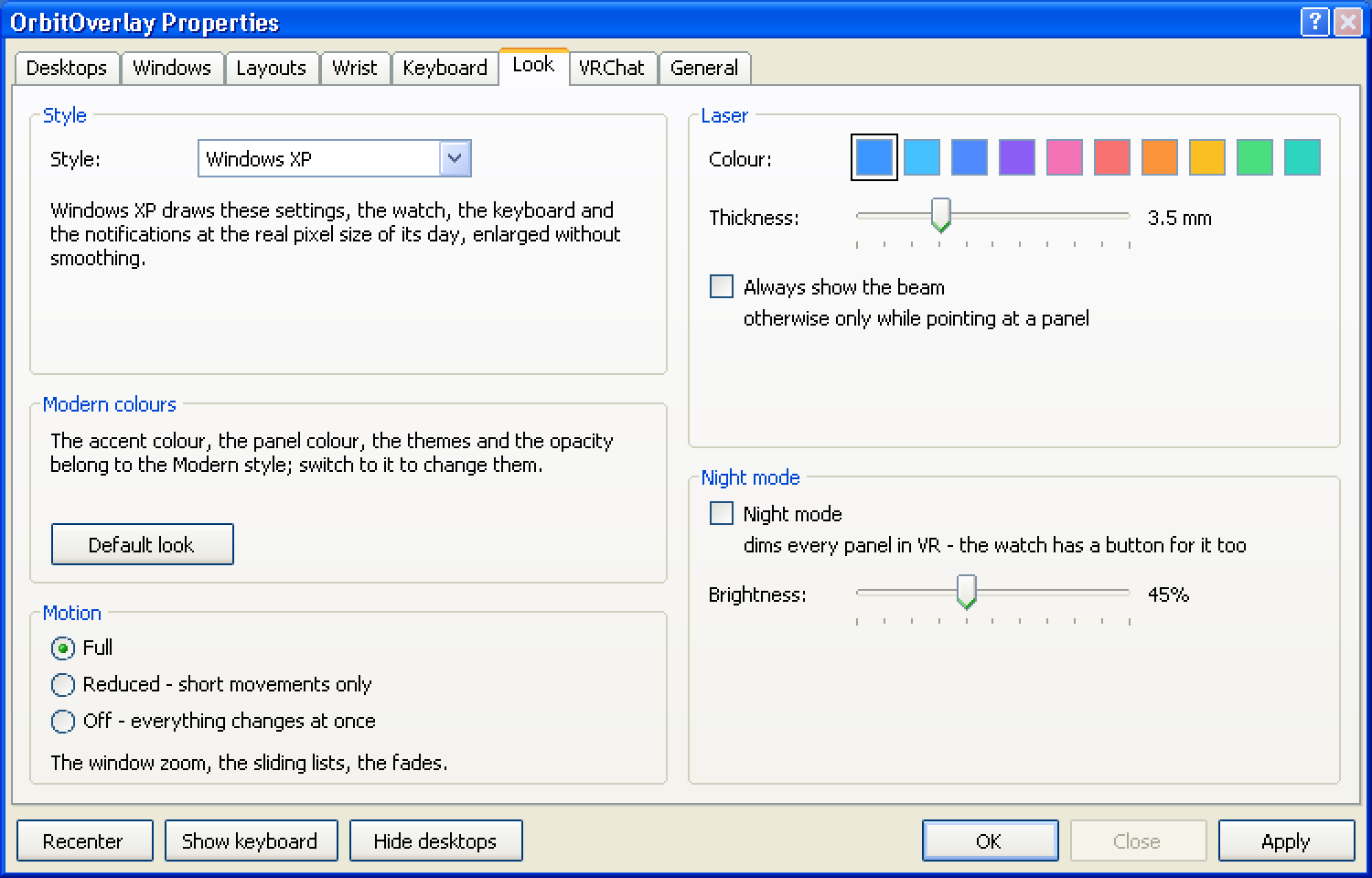 Settings › Look in the Windows XP style, with Style and Motion