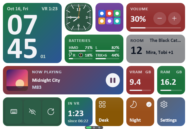 The OrbitOverlay watch: a stacked clock, batteries, volume, now playing, the VRChat room, buttons and the page dots