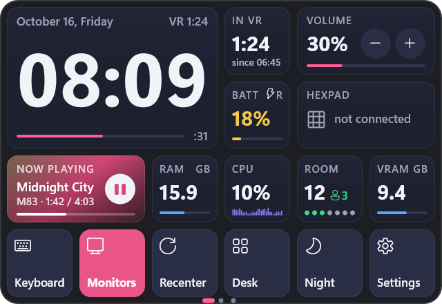 A watch face with the time, time in VR, volume, the emptiest battery, now playing, RAM, CPU, the room, VRAM and six buttons, and the page dots