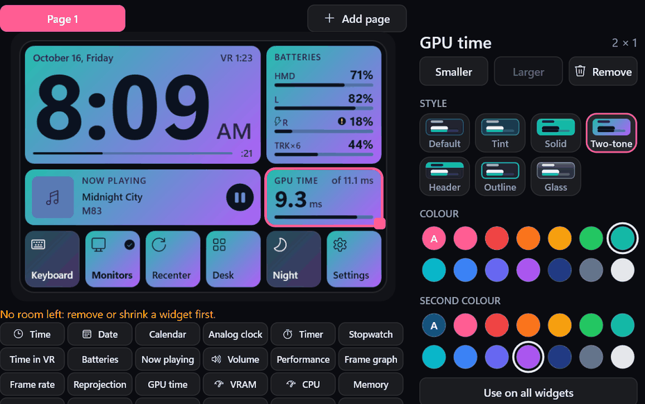 The watch editor: the selected widget's style and its two colours
