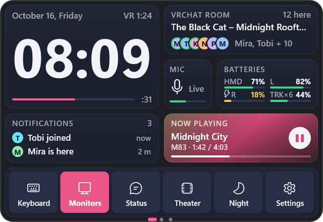 The VRChat page: the time, who is in the room, the microphone, batteries, notifications, now playing and a row of buttons