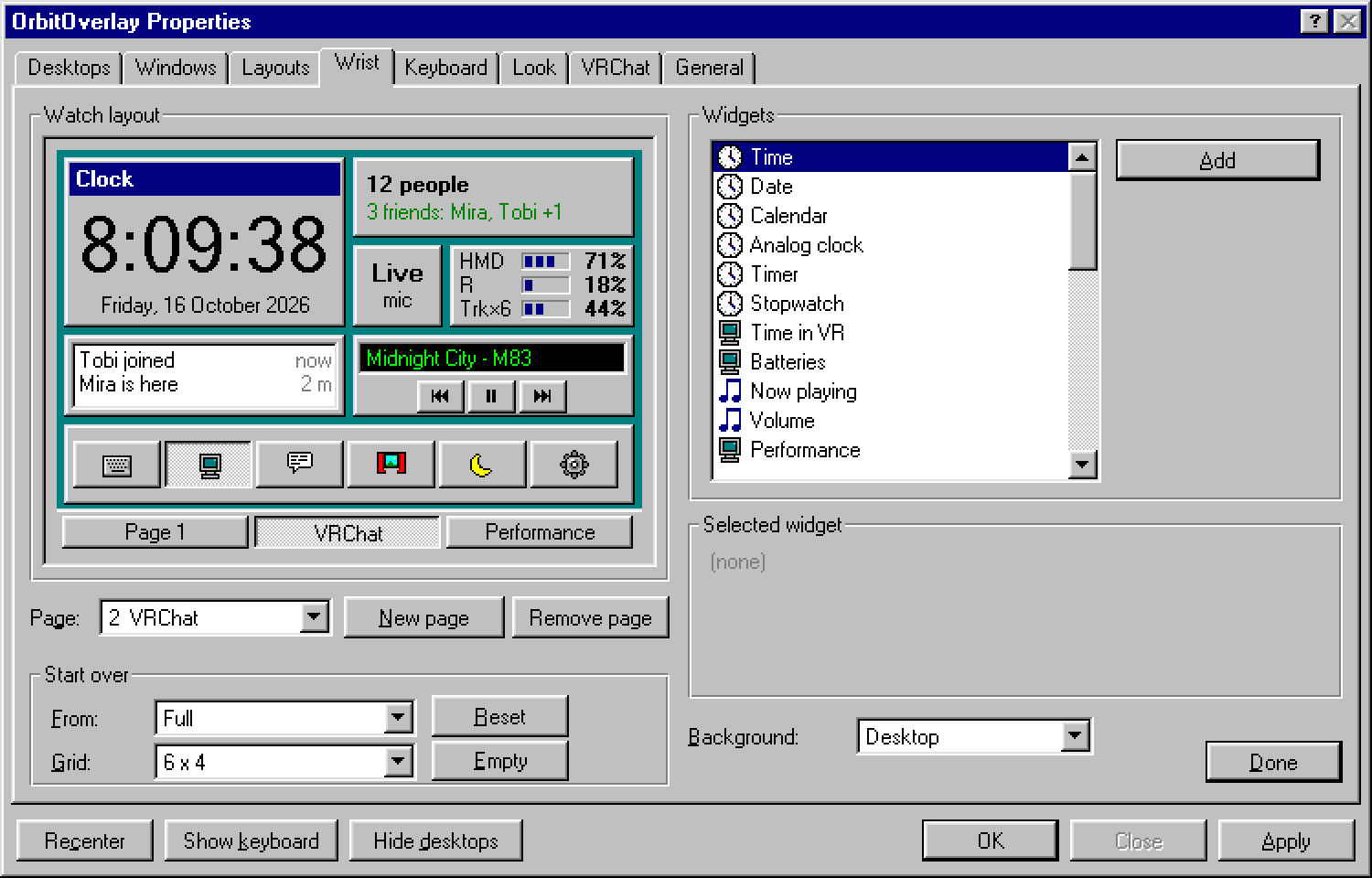 The settings in the Windows 95 style: the watch layout with its pages Page 1, VRChat and Performance