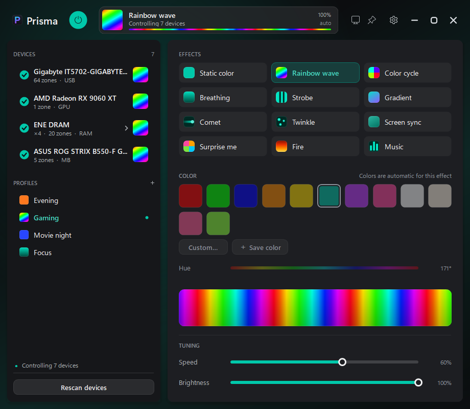Prisma's main window: a title strip with the power button and a card saying Rainbow wave is lighting 7 devices; on the left four devices ticked (a fan and strip controller, a graphics card, four RAM sticks and a motherboard) and four profiles with Gaming applied; on the right the twelve effects, colour swatches, a live preview, and speed and brightness