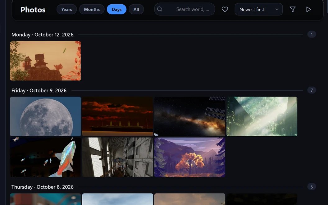 The same photos in VR Gallery's Days view: grouped under Monday, October 12; Friday, October 9; and Thursday, October 8, with a thumbnail for each