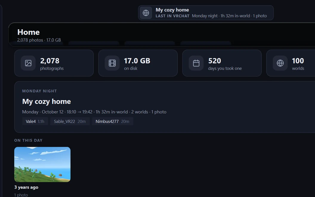 The title bar's pill saying the world you were last in, above Home's card about that evening