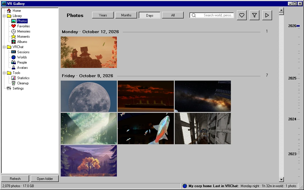 VR Gallery dressed as a Windows 95 program: a navy caption, a folder tree, grey 3D buttons and a status bar