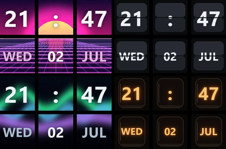 Four idle clock designs: synthwave, split-flap, aurora and Nixie tubes