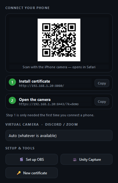 Focal's Settings window: a QR code, step 1 Install certificate and step 2 Open the camera with their addresses, the virtual camera choice, and buttons for Set up OBS, Unity Capture and New certificate