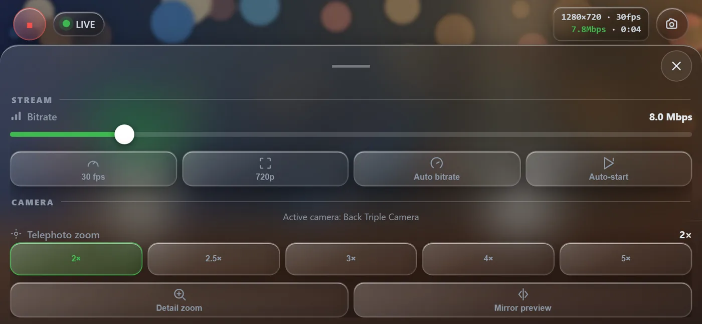 The phone page's settings sheet: bitrate, 30 fps, 720p, Auto bitrate, Auto-start, the active camera, telephoto zoom 2× to 5×, Detail zoom and Mirror preview